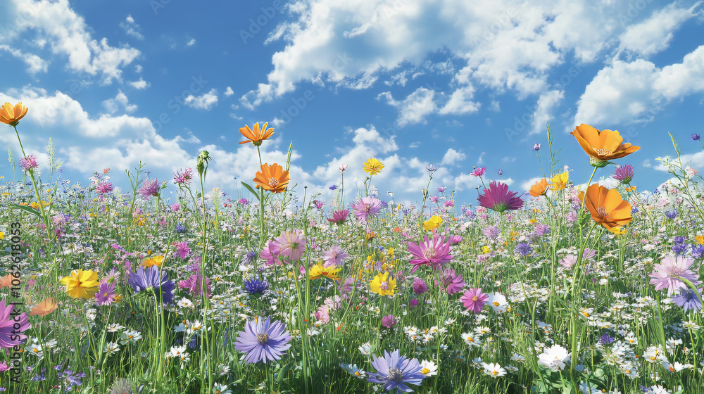 Vibrant Wildflower Meadow 3D Render: Summer Bloom Background Vibrant Wildflower Meadow 3D Render: Summer Bloom Background