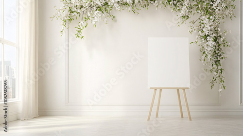 An elegant wedding mockup with a blank white easel, enhanced by delicate white flowers and greenery on the wall. A grand floral arch in the background adds depth and romance to the scene. Soft,