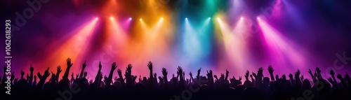 Energetic crowd celebrating under colorful stage lights, creating an electrifying atmosphere for live music events.