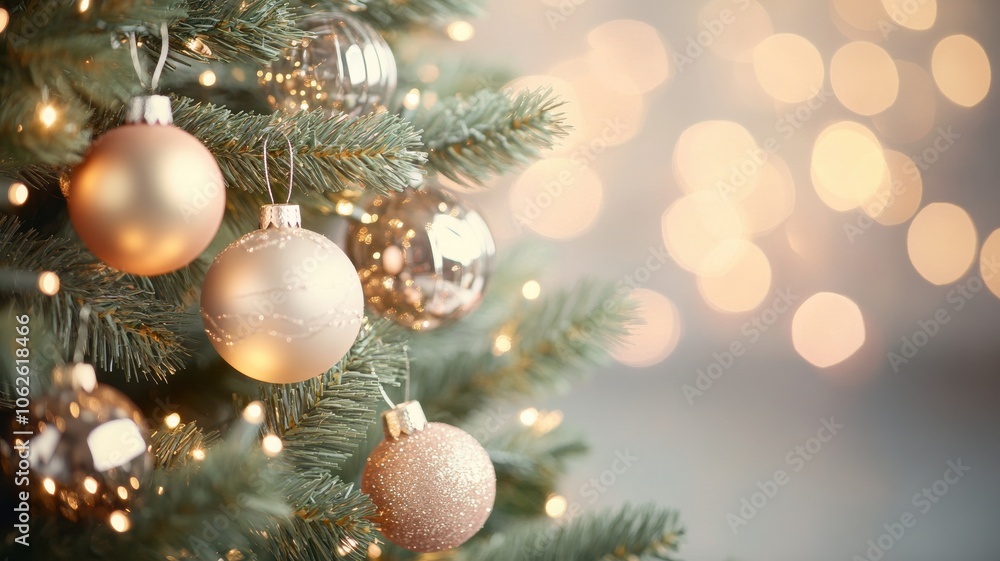Festive Christmas tree adorned with beautiful ornaments, creating a warm and inviting holiday atmosphere. Festive Christmas tree adorned with beautiful ornaments, creating a warm and inviting holiday atmosphere.