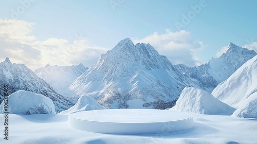 Product display stand with winter snow mountain background
