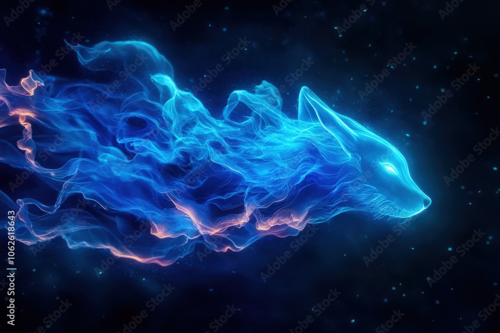 A mystical blue fox made of swirling ethereal smoke on a dark background. A mystical blue fox made of swirling ethereal smoke on a dark background.