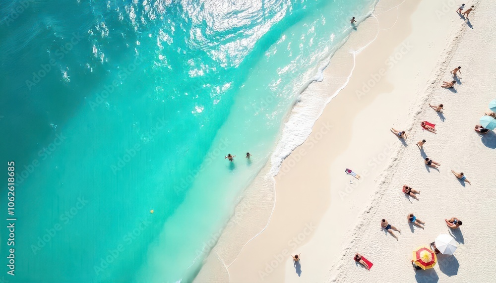 Naklejka premium A bird's-eye view of the summer beach where people come to play in the water and sunbathe.