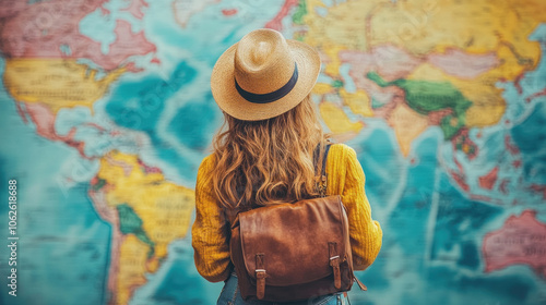 A woman wearing a straw hat and a yellow sweater is looking at a map of the world. She has a backpack on her back