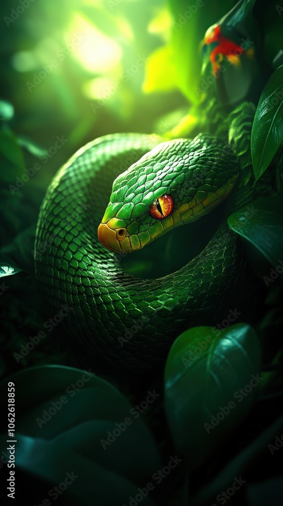 Fototapeta premium A vibrant green snake resting among lush leaves in a serene jungle atmosphere.