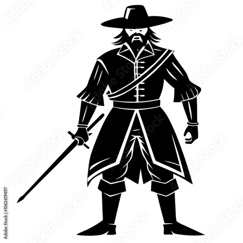 The Shadow of the Musketeer: A silhouette of a 17th-century musketeer, his features obscured by shadow but his presence commanding, sword held firm, ready for adventure.  