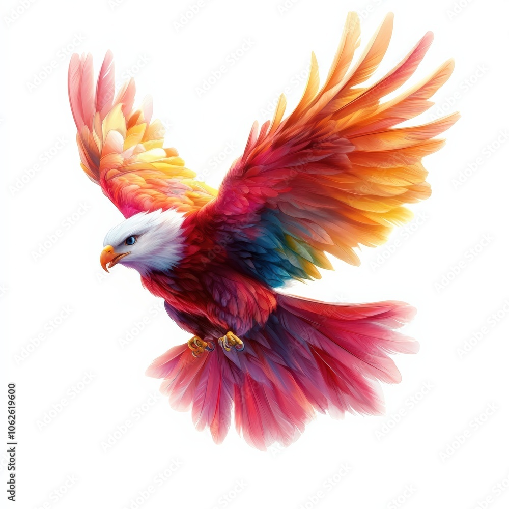 Obraz premium Colorful eagle in flight with vibrant feathers, white isolate background.