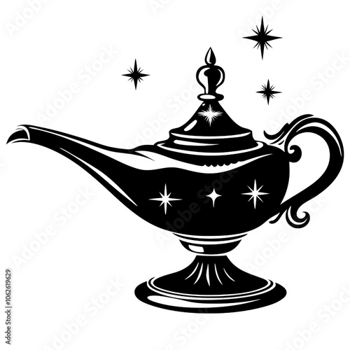 Magical Genie Lamp:  A mystical, black and white illustration of an ornate genie lamp, radiating magic and wonder with sparkling stars. Perfect for fantasy, storytelling, and wish-granting themes. 