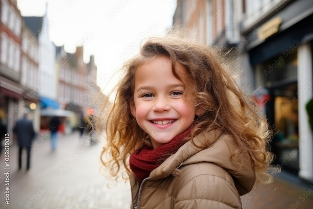 Portrait of a cute little girl with curly hair in the city Portrait of a cute little girl with curly hair in the city