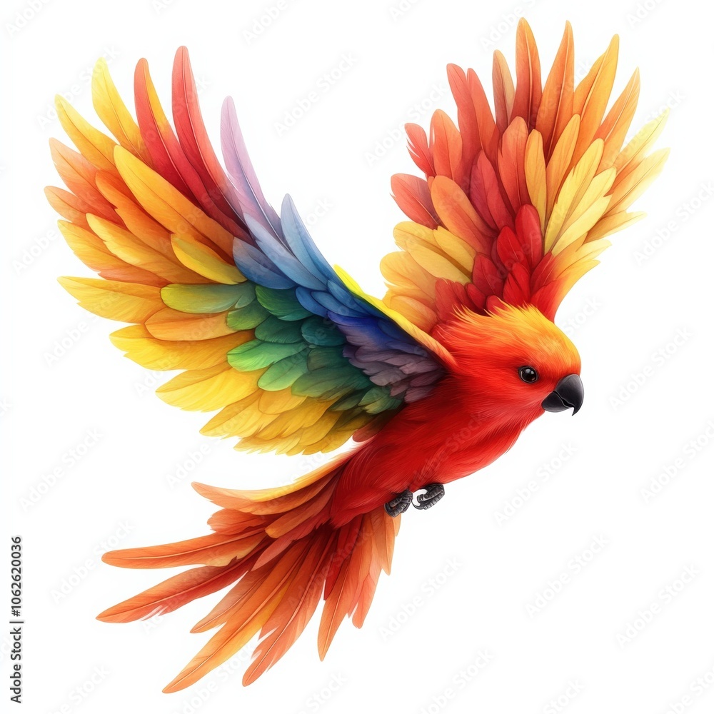 Obraz premium Colorful parrot flying, vibrant feathers, white isolated background.