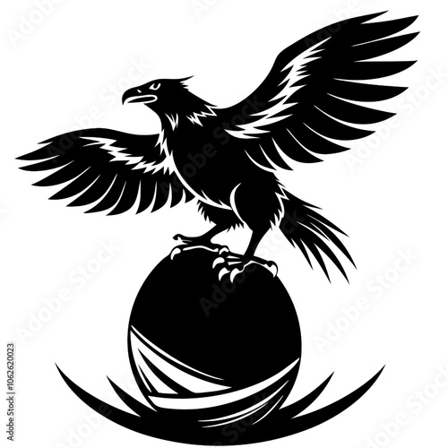 Eagle Soaring Above the World: A powerful black and white illustration of an eagle with outstretched wings perched atop a globe, symbolizing freedom, strength, and global reach.  