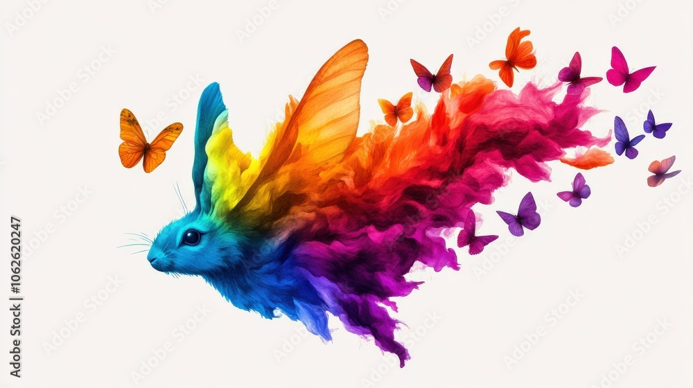 Colorful rabbit and butterflies in vibrant hues, artistic and whimsical design. Colorful rabbit and butterflies in vibrant hues, artistic and whimsical design.