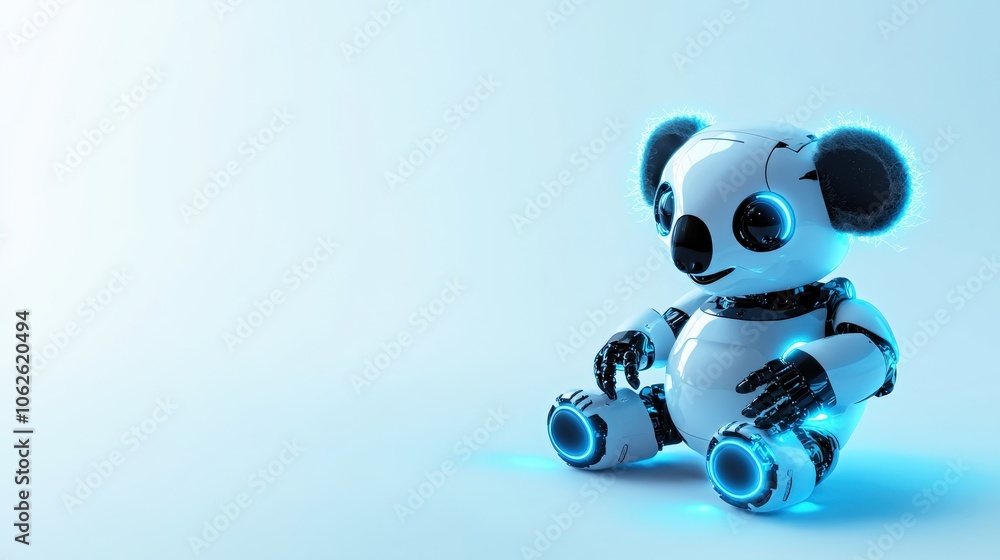 Cute robotic panda toy with glowing accents on a blue background. Cute robotic panda toy with glowing accents on a blue background.