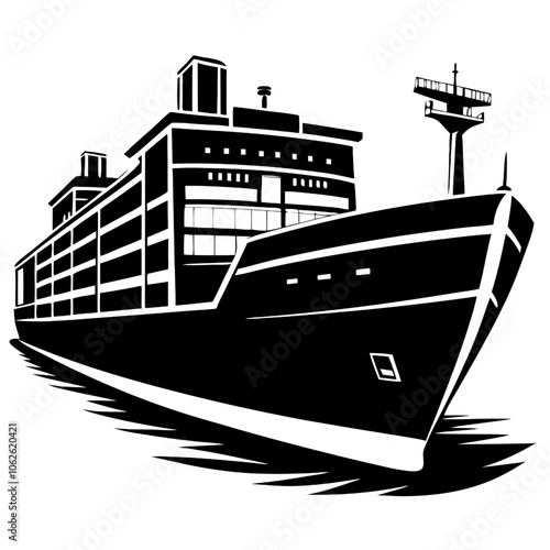 Cargo Ship Silhouette: A bold, black and white illustration of a cargo ship navigating the open sea, capturing the essence of maritime transportation and global trade.  