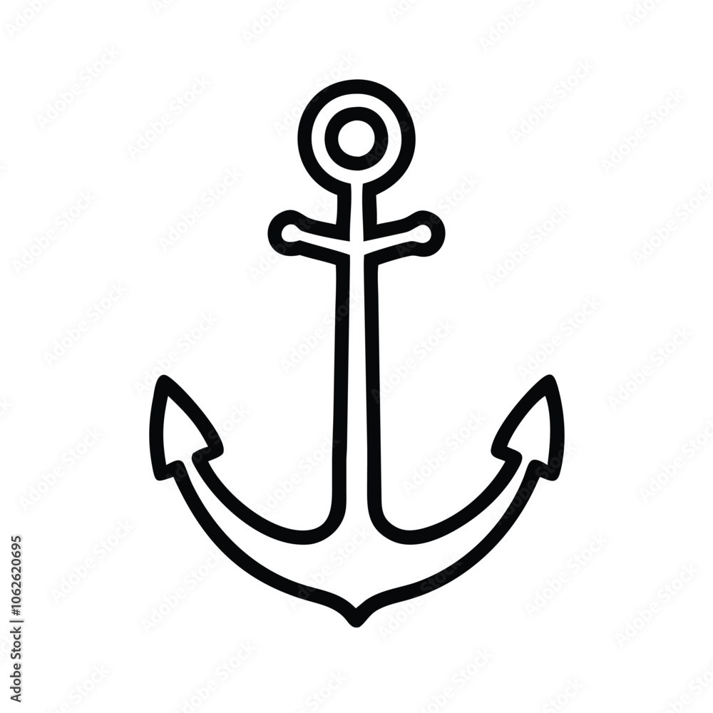 Simple anchor outline icon in black and white, Black and white outline icon of a traditional anchor with a ring and pointed flukes, isolated on a white background. Simple anchor outline icon in black and white, Black and white outline icon of a traditional anchor with a ring and pointed flukes, isolated on a white background.