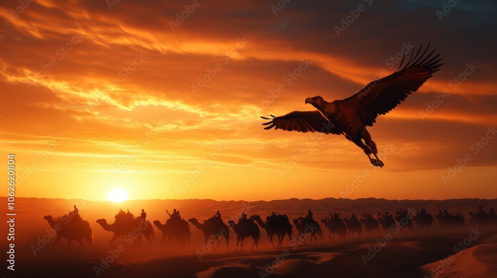Naklejka premium Eagle soaring over camels in a desert at sunset with vibrant orange sky.