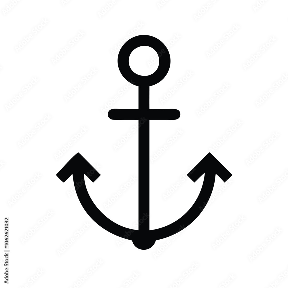 Simple anchor outline icon in black and white, Black and white outline icon of a traditional anchor with a ring and pointed flukes, isolated on a white background. Simple anchor outline icon in black and white, Black and white outline icon of a traditional anchor with a ring and pointed flukes, isolated on a white background.