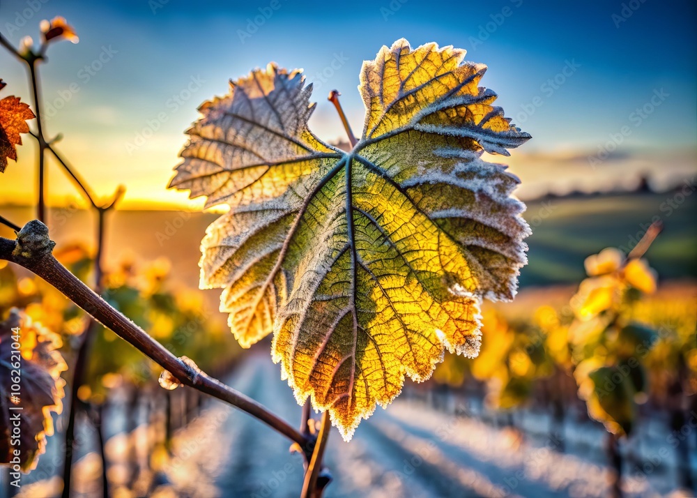 Obraz premium Stunning Tilt-Shift Photography of Frost-Damaged Grapevine Plant Leaf in Early Spring Vineyard, Capturing Nature's Resilience and Beauty in a Unique Perspective