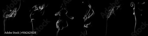 Set collection fog or white smoke evaporates turns, white smoke image become vapor is divided into six parts on black background, Smoke is coming out from below.
 photo