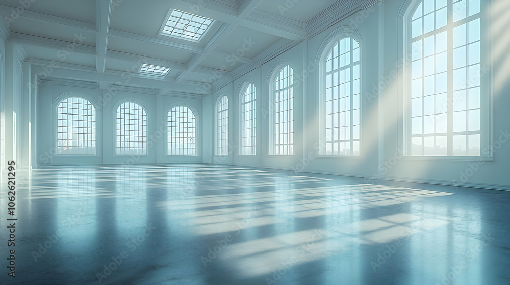 Large Empty Room with Arched Windows and Sunlight 3D Illustration Large Empty Room with Arched Windows and Sunlight 3D Illustration
