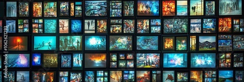 Multi-screen display wall showcasing diverse landscapes, cityscapes, and digital art in vivid blue tones.