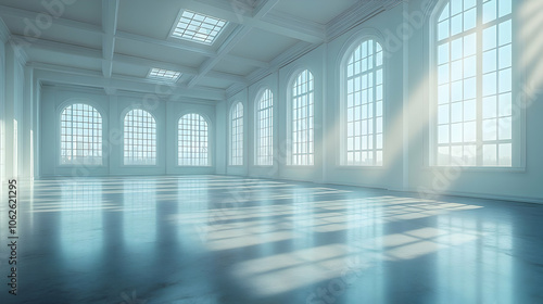 Large Empty Room with Arched Windows and Sunlight 3D Illustration