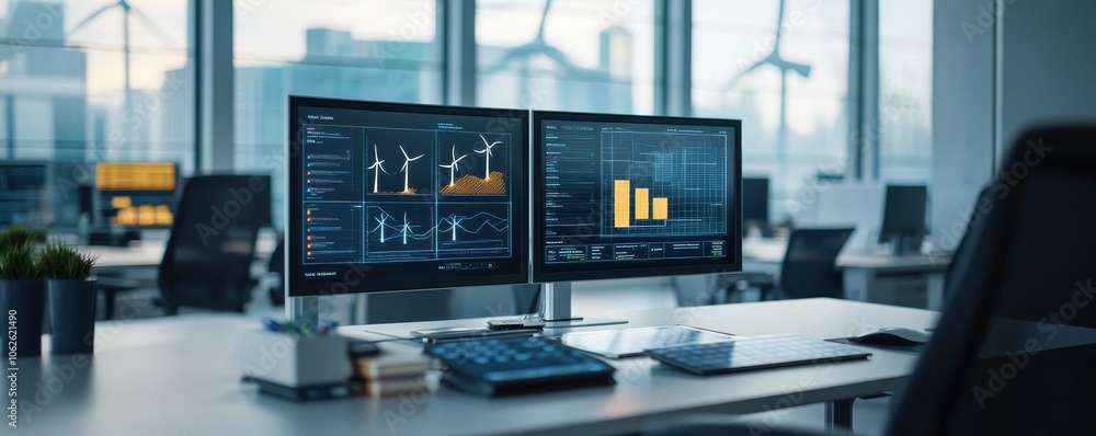 Modern office setup featuring dual monitors displaying financial data and analytics against a backdrop of city skyline. Modern office setup featuring dual monitors displaying financial data and analytics against a backdrop of city skyline.