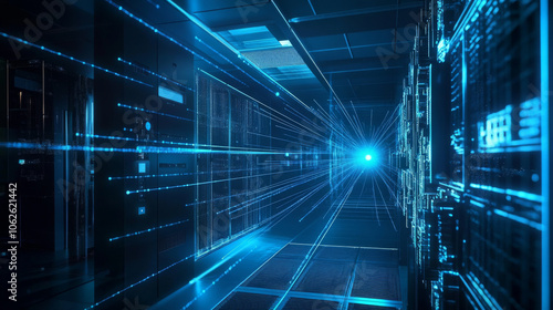 Wallpaper Mural Quantum Data Center: Secure Network, Futuristic Technology, 3D Rendering, Blue Glow, Digital Lines Torontodigital.ca