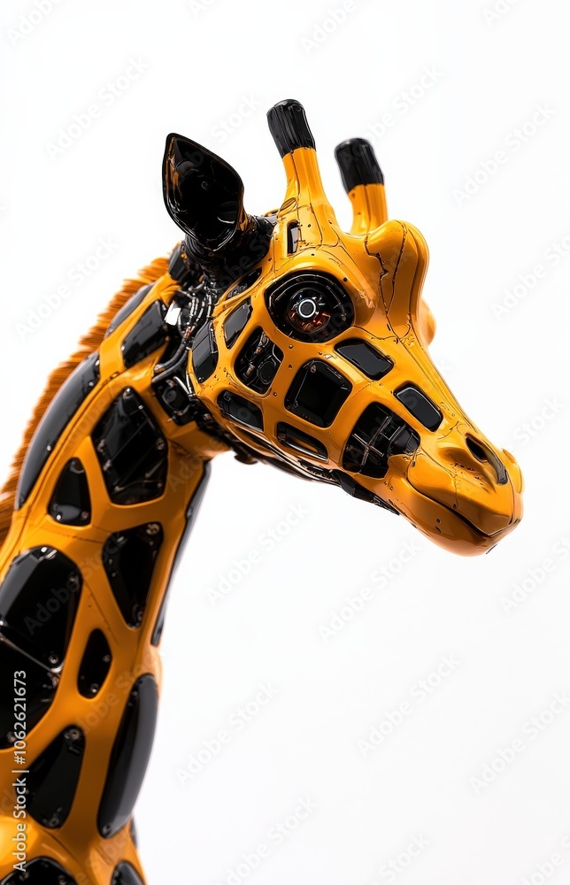 Giraffe sculpture in vibrant yellow and black on a white isolated background. Giraffe sculpture in vibrant yellow and black on a white isolated background.