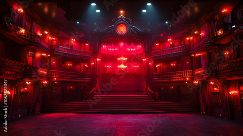 Red Stage Lights in Grand Hall with Stairs & Balcony