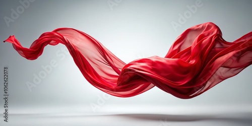 Surreal Red Curtain Fabric Flying in Curved Shape Against White Background - Textured Textile Artistry for Unique Home Decor and Artistic Displays