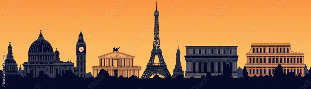 Obraz premium Silhouette of iconic global landmarks against a vibrant sunset, showcasing cultural heritage and architectural beauty.