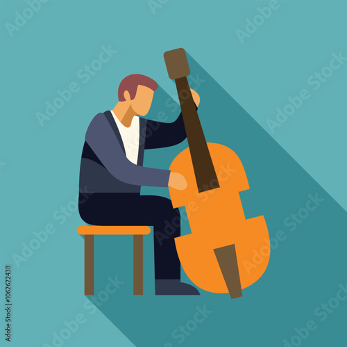 Professional musician playing a double bass during a classical music performance, sitting on a stool