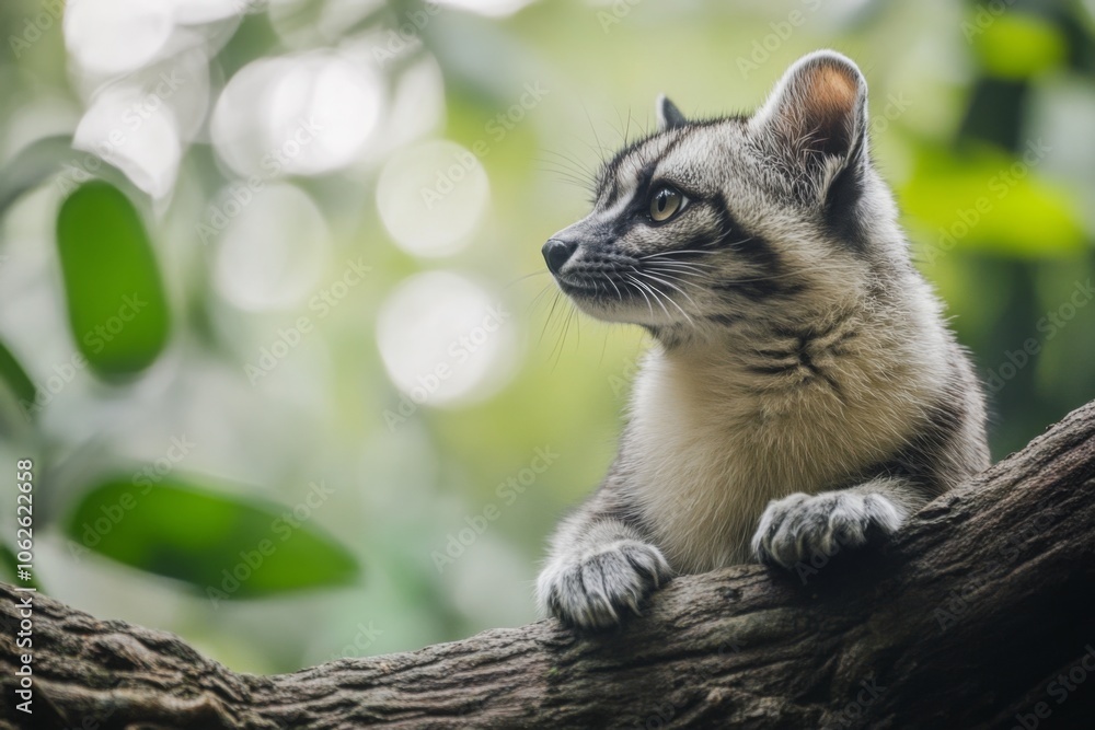 Naklejka premium Curious Civet Cat Perched on Tree Branch