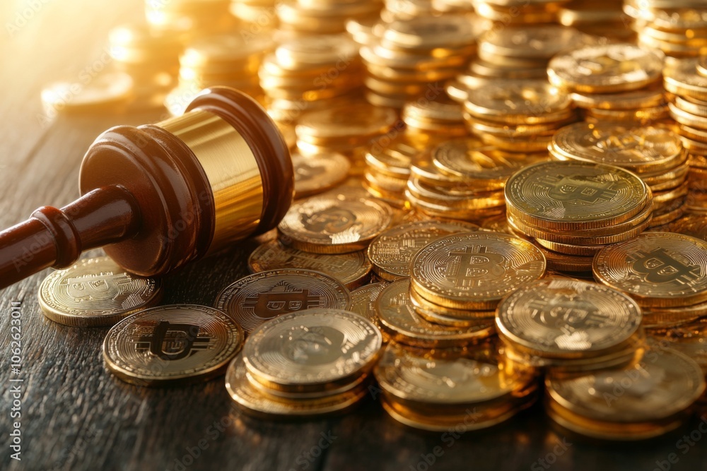 Wooden Gavel Beside Stacks of Golden Coins Wooden Gavel Beside Stacks of Golden Coins
