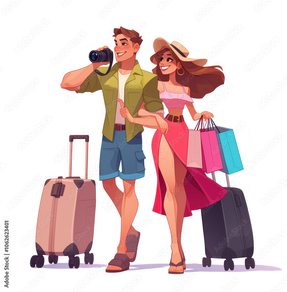 Cartoon Illustration of a Couple Traveling with Luggage Cartoon Illustration of a Couple Traveling with Luggage