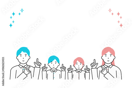 上の余白を指差しする若い家族のイラスト