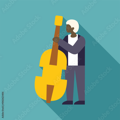 Musician holding a double bass in a minimalist and colorful flat design style