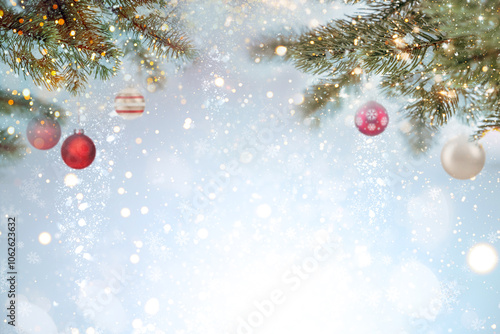 Christmas background. conifer branch with gold glitter glowing and sparkle on illuminated bokeh backdrop. Wallpaper of merry christmas and new year holiday  for design .