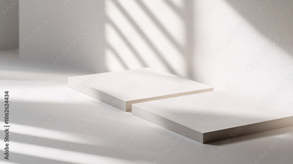 white minimalist product display podium with shadows in a modern studio setting white minimalist product display podium with shadows in a modern studio setting