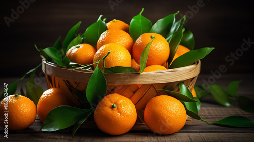 A basket of tangerines on the table on a wooden background