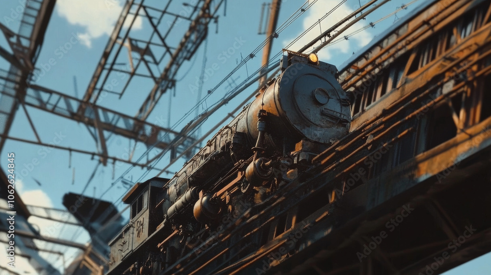 Fototapeta premium Rusty Relic: Dieselpunk Train on Crumbling Bridge