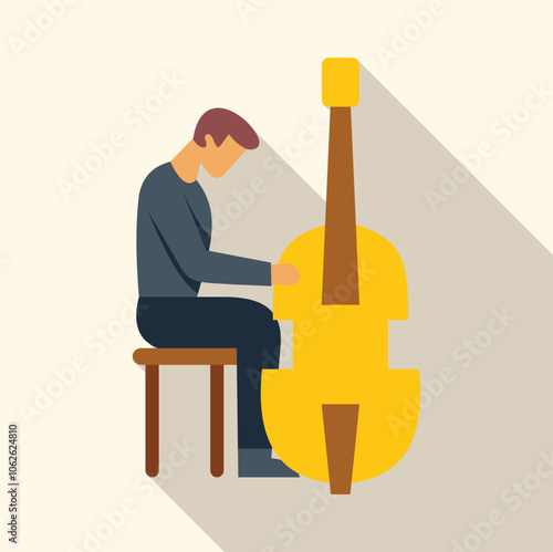 Musician playing a double bass while sitting on a stool, creating beautiful music