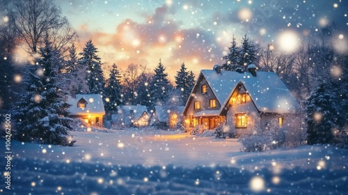 A picturesque winter scene with snow-covered houses, illuminated windows, and a magical snowfall.