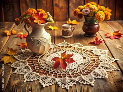 Vintage Lace Crochet Tablecloth in Kladno, Czech Republic - October 2024 Capturing Timeless Elegance with Soft Lighting and Rustic Charm for Home Decor Enthusiasts photo