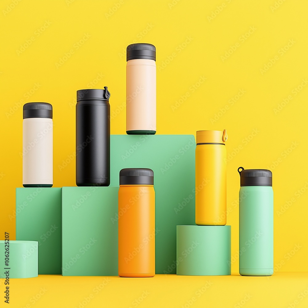 Title: Vibrant Modern Insulated Water Bottles on Geometric Display with Bright Yellow and Green Background Title: Vibrant Modern Insulated Water Bottles on Geometric Display with Bright Yellow and Green Background