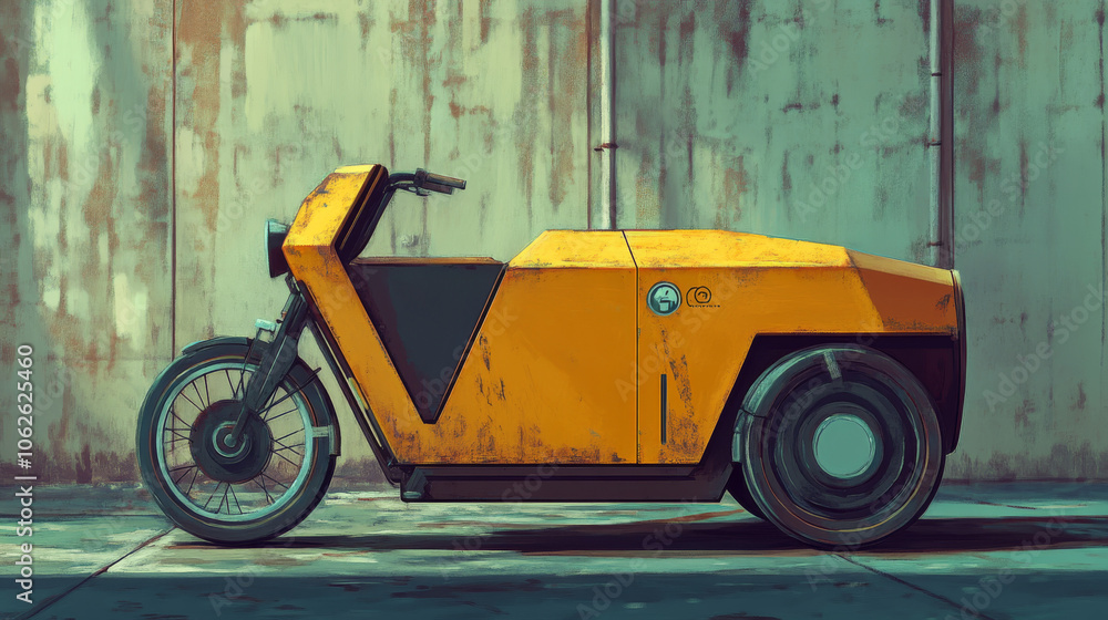 Naklejka premium Retro-Futuristic Electric Cargo Bike: Digital Painting, Yellow, Cyberpunk
