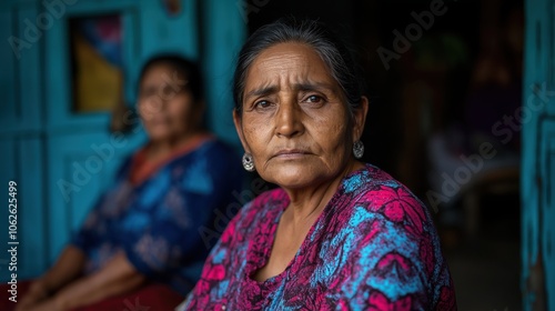 Close up portrait of an elderly indigenous woman with a weathered wrinkled face gazing pensively from a colorful textured doorway in a rural developing community photo