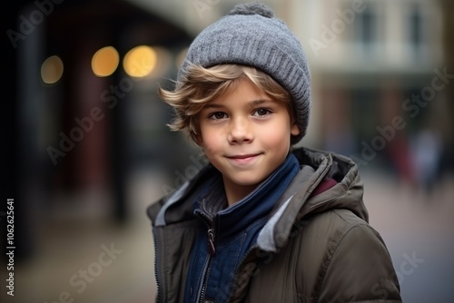 Portrait of a cute little boy in winter clothes, outdoor shot