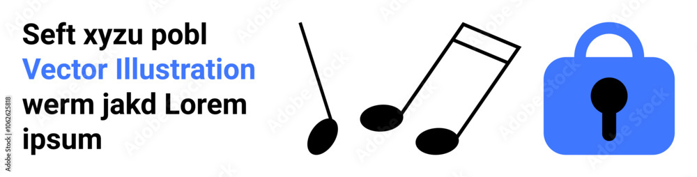 Text with random words in black and a blue hyperlink. Two black musical notes. Blue padlock symbolizing security. Ideal for website visuals, educational materials, music apps, privacy policies Text with random words in black and a blue hyperlink. Two black musical notes. Blue padlock symbolizing security. Ideal for website visuals, educational materials, music apps, privacy policies